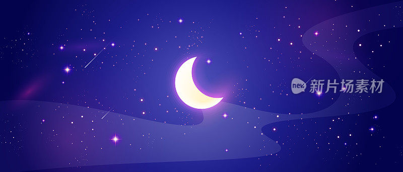 Vector Illustration Night Sky Scene With Shiny Moon And Stars